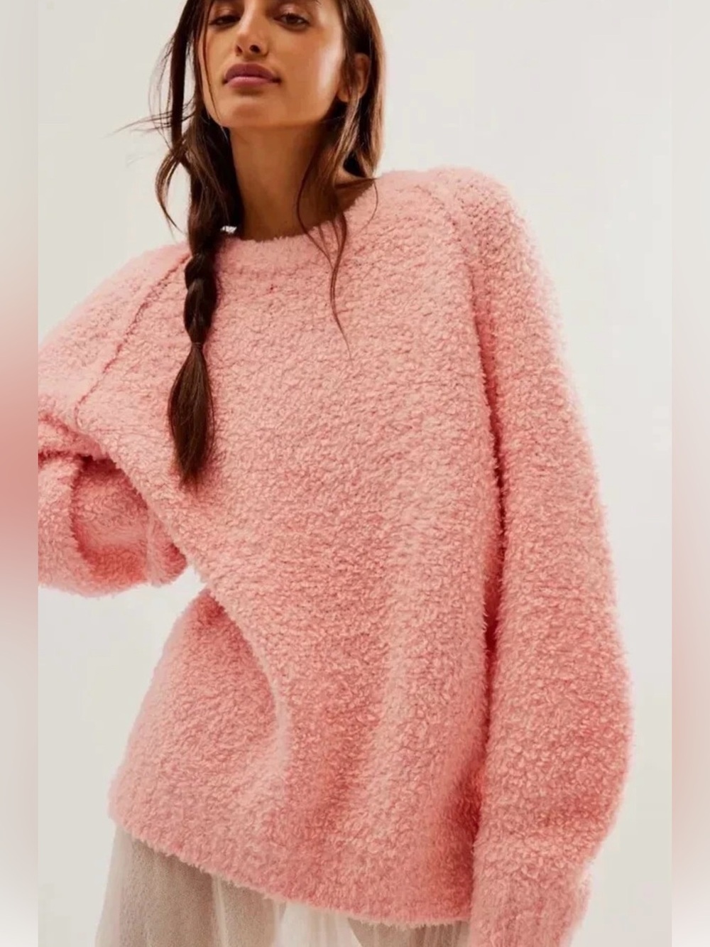 Free People Teddy Sherpa Pink Rose Oversized Wool Blend High/Low Hem Cozy Sz S